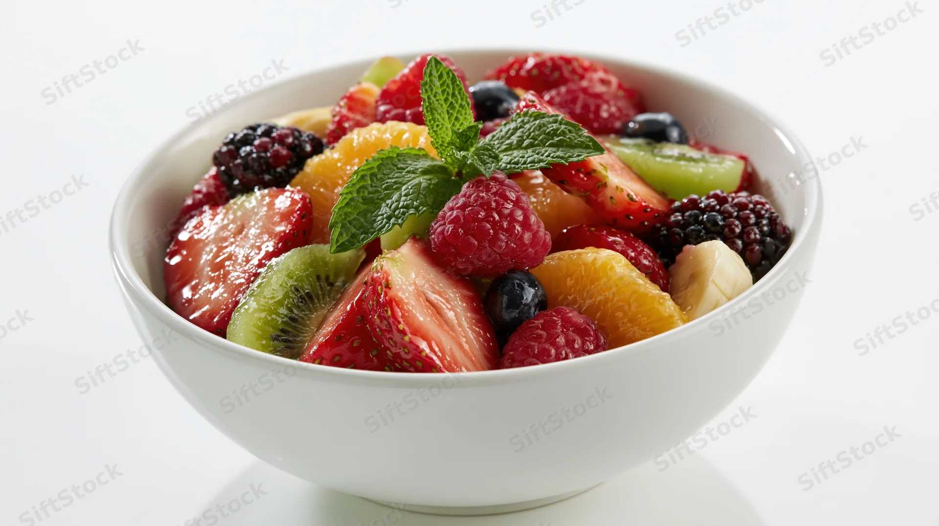 White ceramic bowl filled with mixed fresh fruit salad garnished with mint leaves on white background