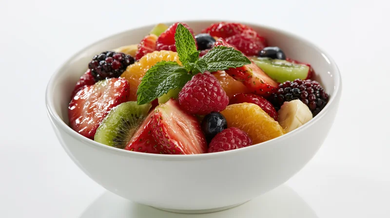 White ceramic bowl filled with mixed fresh fruit salad garnished with mint leaves on white background
