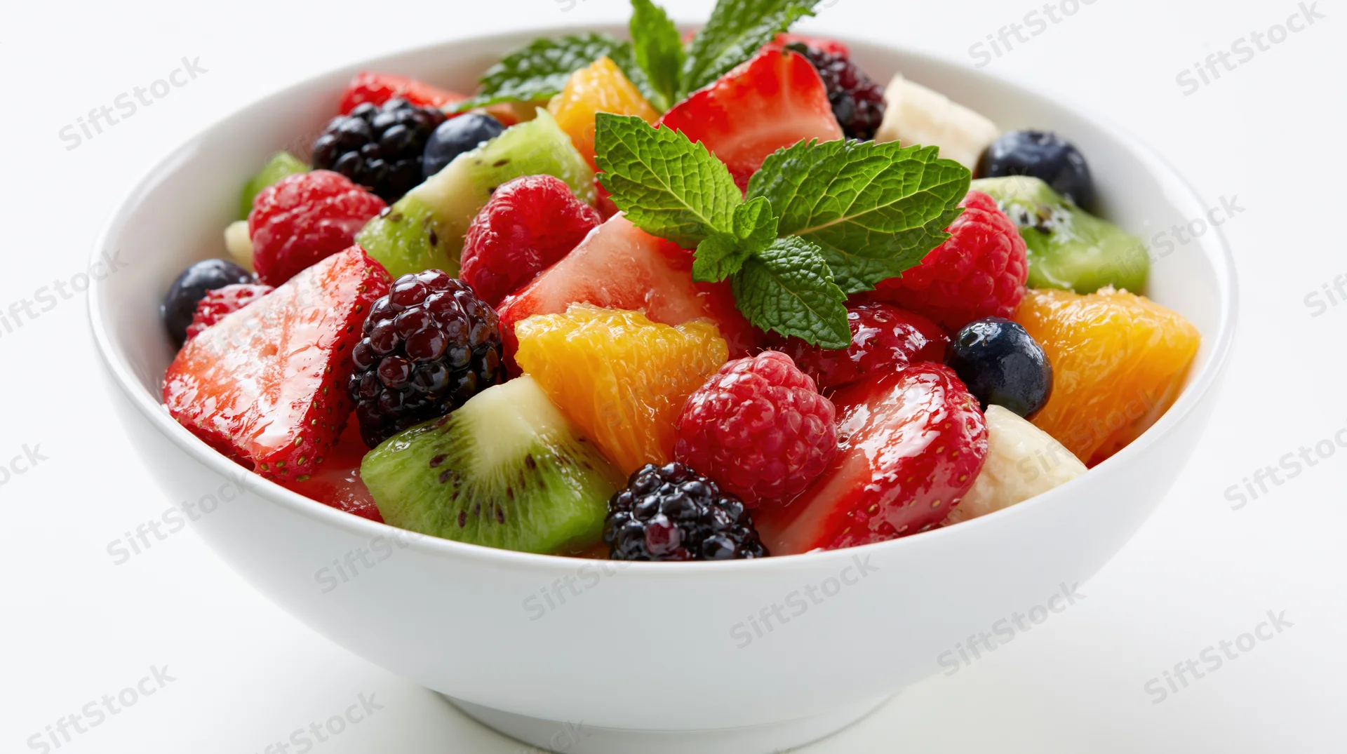 Mixed fresh fruit salad in a white ceramic bowl garnished with mint leaves