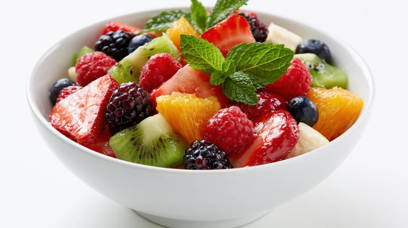 Mixed fresh fruit salad in a white ceramic bowl garnished with mint leaves