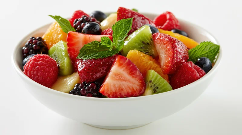 Mixed fresh fruit salad in a white ceramic bowl with mint garnish on a plain white surface