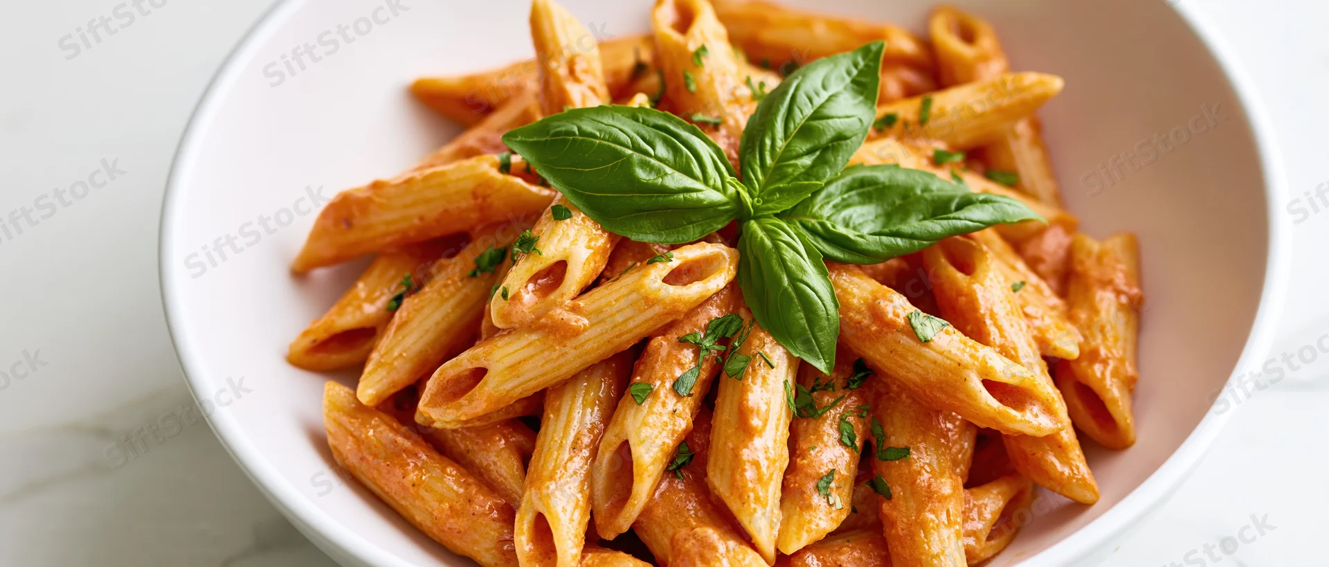 Penne pasta in creamy tomato sauce with fresh basil garnish in a white ceramic bowl on marble surface