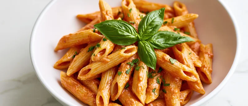 Penne pasta in creamy tomato sauce with fresh basil garnish in a white ceramic bowl on marble surface