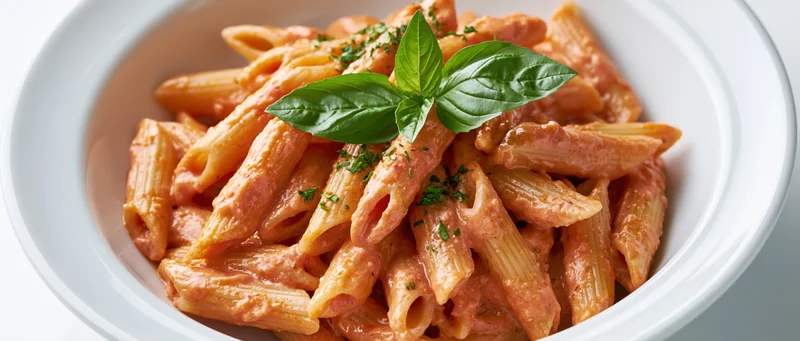 Penne pasta in creamy tomato sauce garnished with basil leaves in a white ceramic bowl