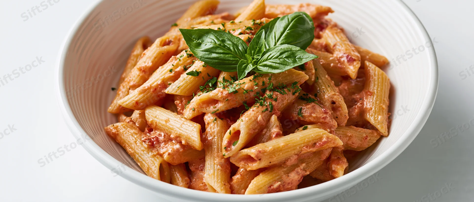 Penne pasta in creamy tomato sauce garnished with basil in a white ceramic bowl