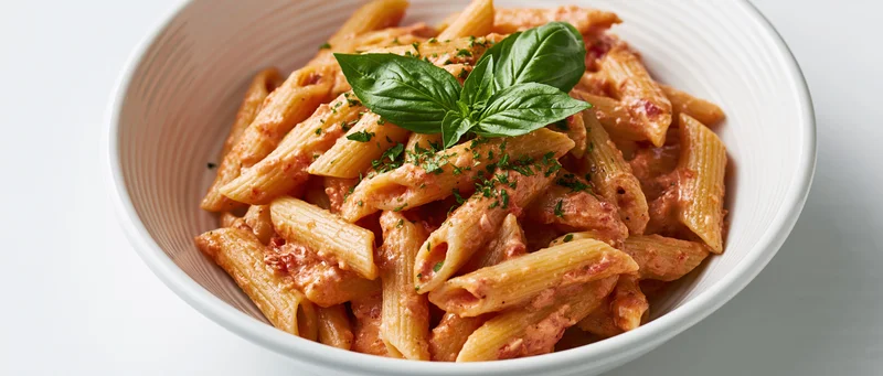 Penne pasta in creamy tomato sauce garnished with basil in a white ceramic bowl