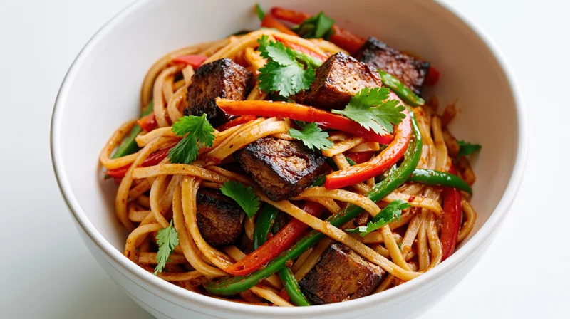 Stir-fried noodles with tofu and bell peppers in a white ceramic bowl