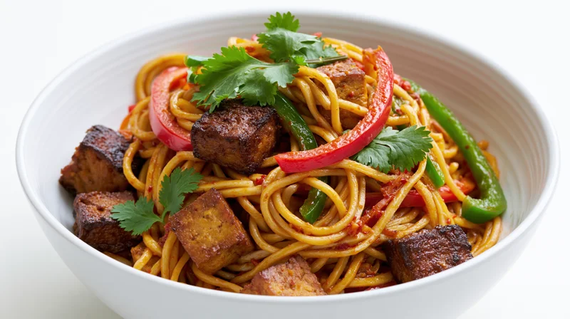 Stir-fried noodles with tofu and vegetables in a white ceramic bowl