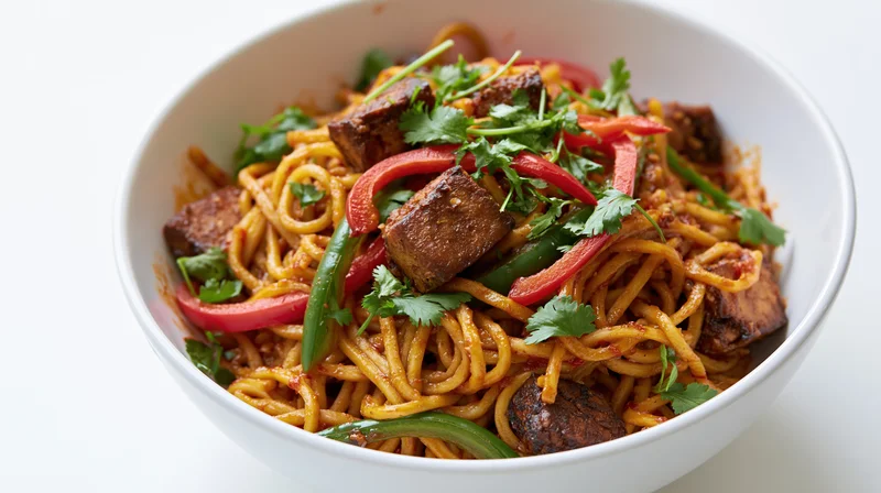 Stir-fried noodles with tofu and vegetables in a white bowl