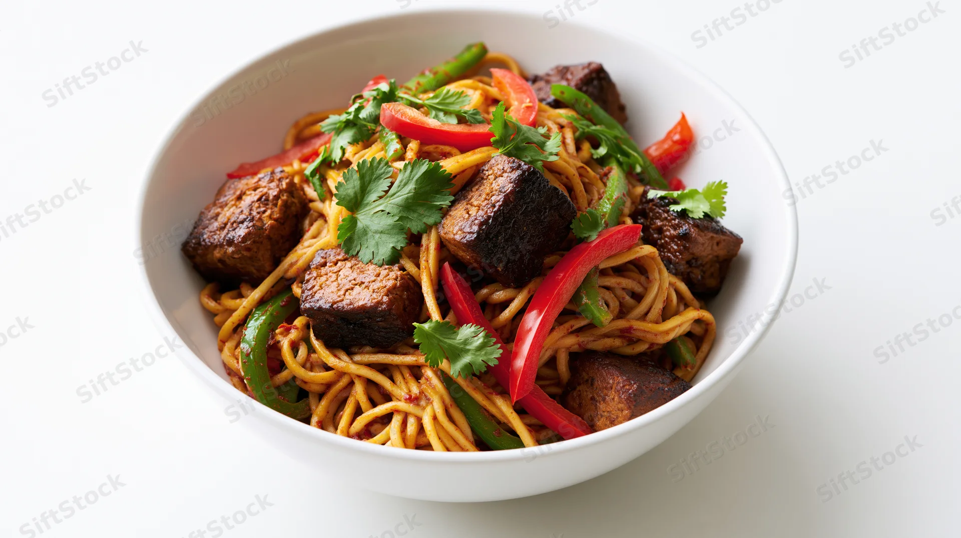 Stir-fried noodles with tofu and vegetables in a white bowl on a plain white surface