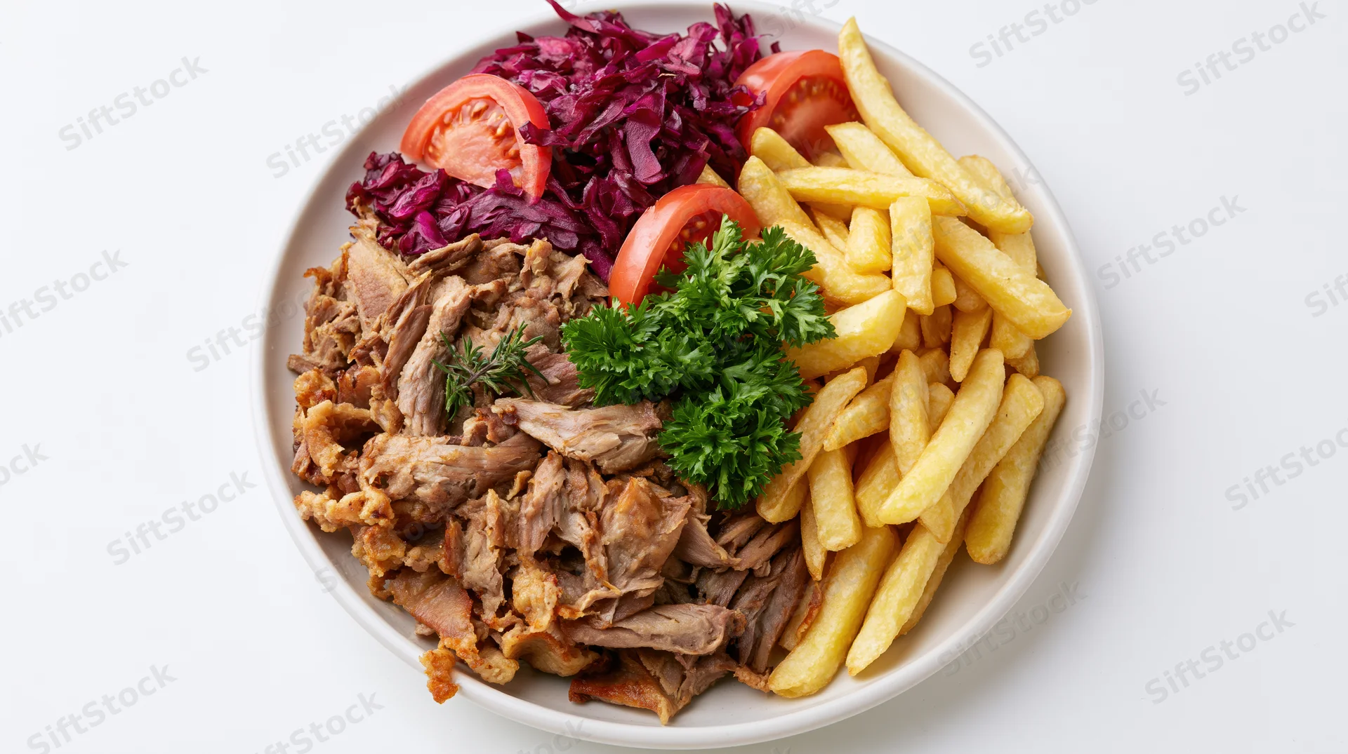 Shredded meat with fries and red cabbage on a white plate