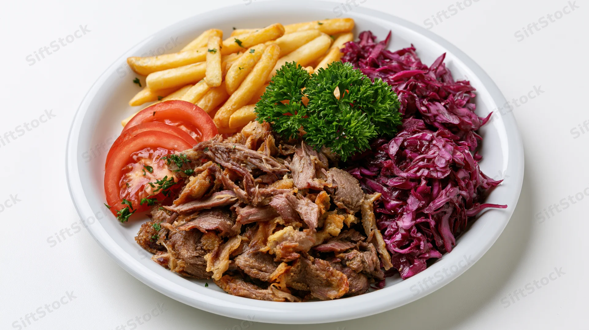 Shredded beef kebab served on a white plate with french fries, red cabbage, tomato slices and parsley garnish