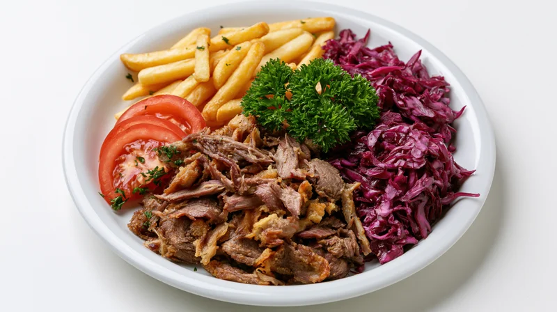 Shredded beef kebab served on a white plate with french fries, red cabbage, tomato slices and parsley garnish