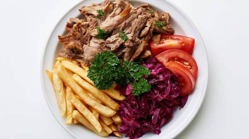 Shredded pork kebab with fries, red cabbage and tomato on a white plate, garnished with parsley, top-down view