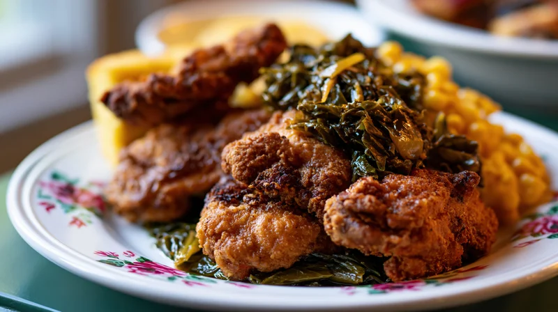 Fried chicken with collard greens and cornbread on a floral plate