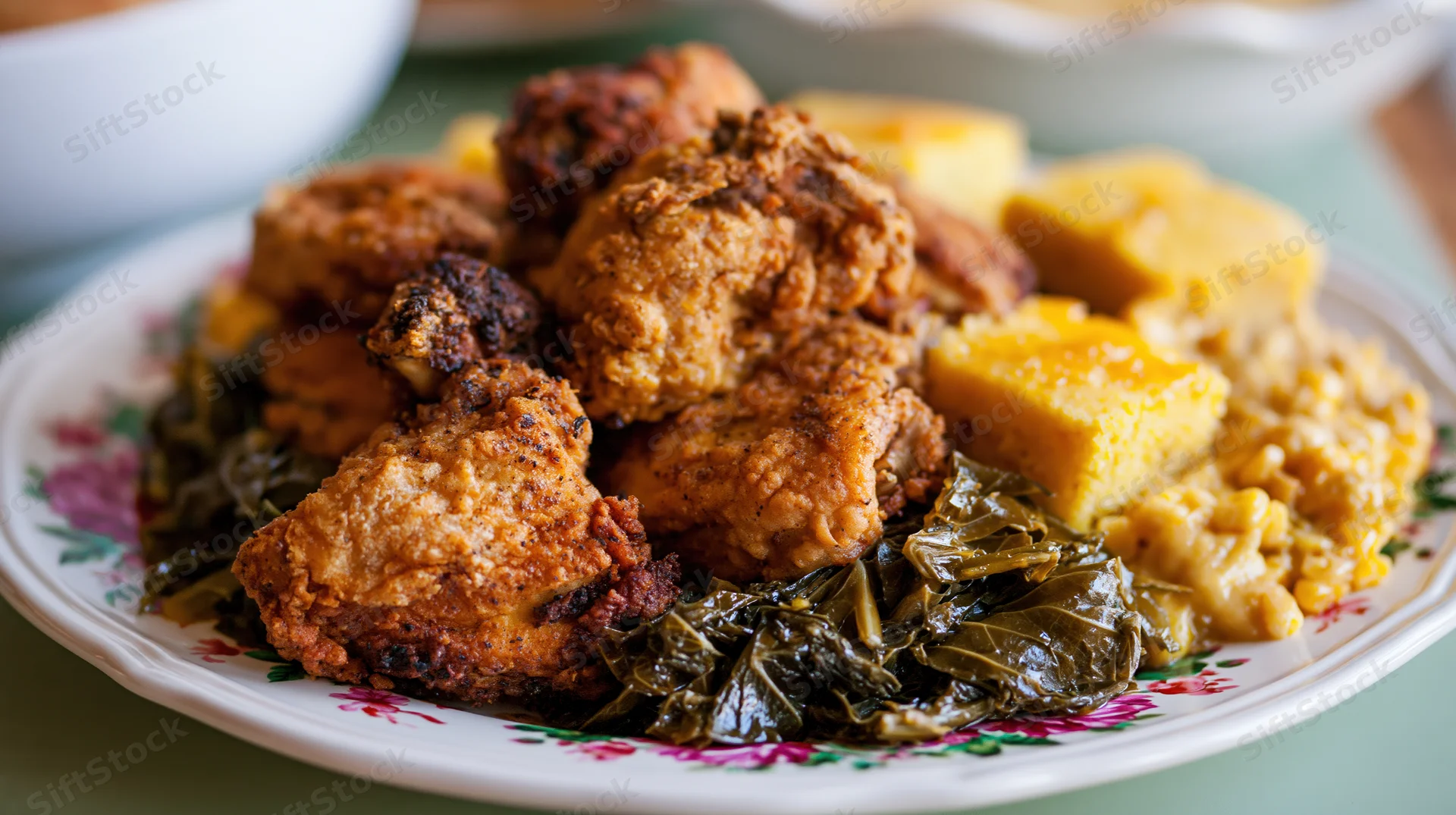 Fried chicken with cornbread, collard greens and macaroni and cheese on a floral plate