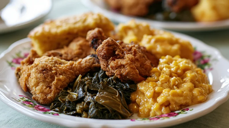Fried chicken with collard greens, macaroni and cheese, and cornbread on a floral ceramic plate