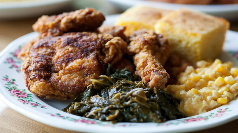 Fried chicken with cornbread, collard greens and creamed corn on a floral plate