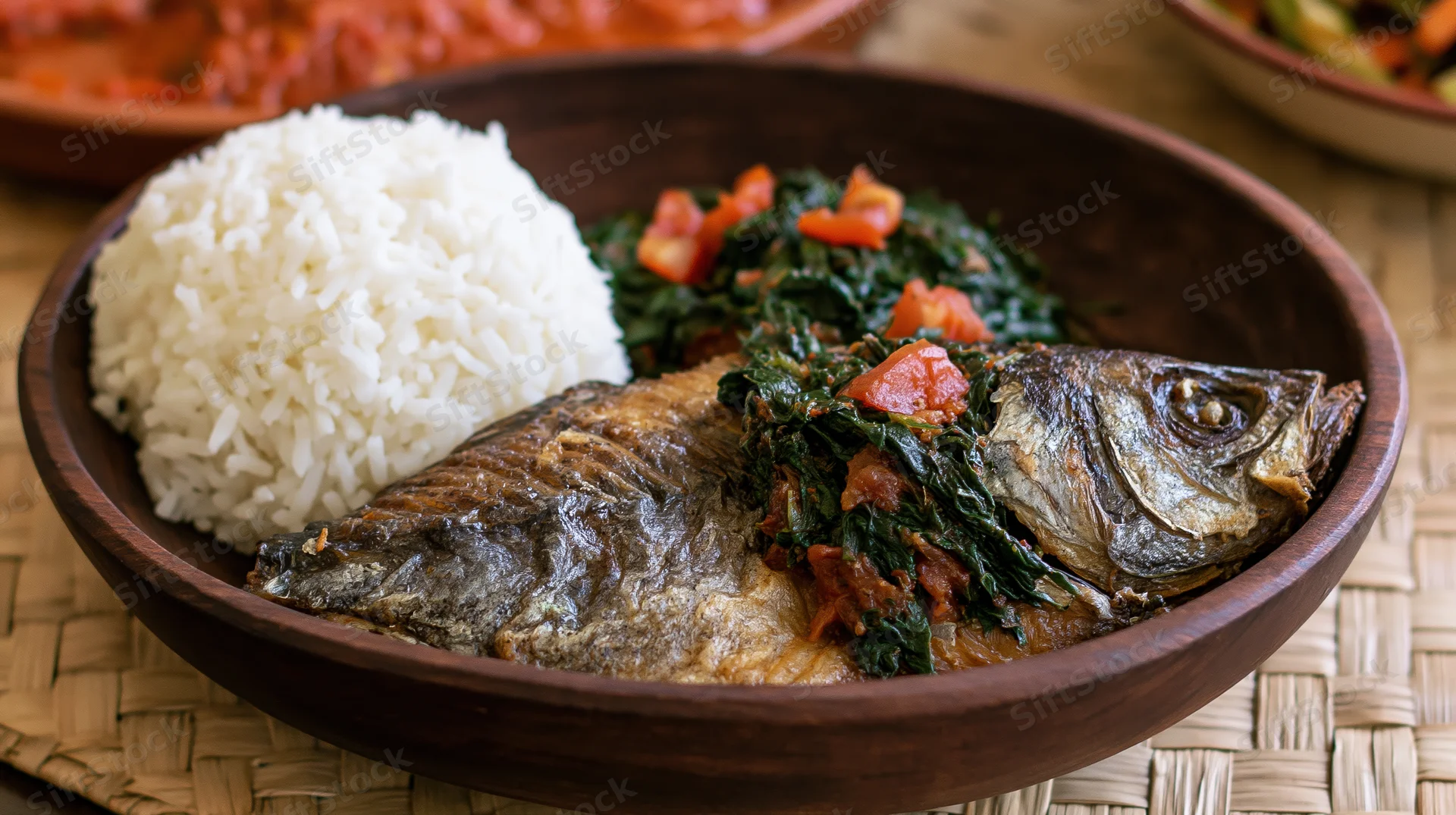 Whole fried fish with white rice and leafy greens in a wooden bowl on a woven mat