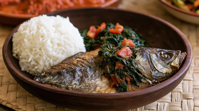 Whole fried fish with white rice and leafy greens in a wooden bowl on a woven mat