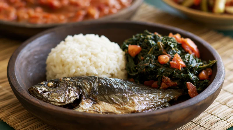 Whole fried fish with white rice and leafy vegetable in wooden bowl on bamboo mat