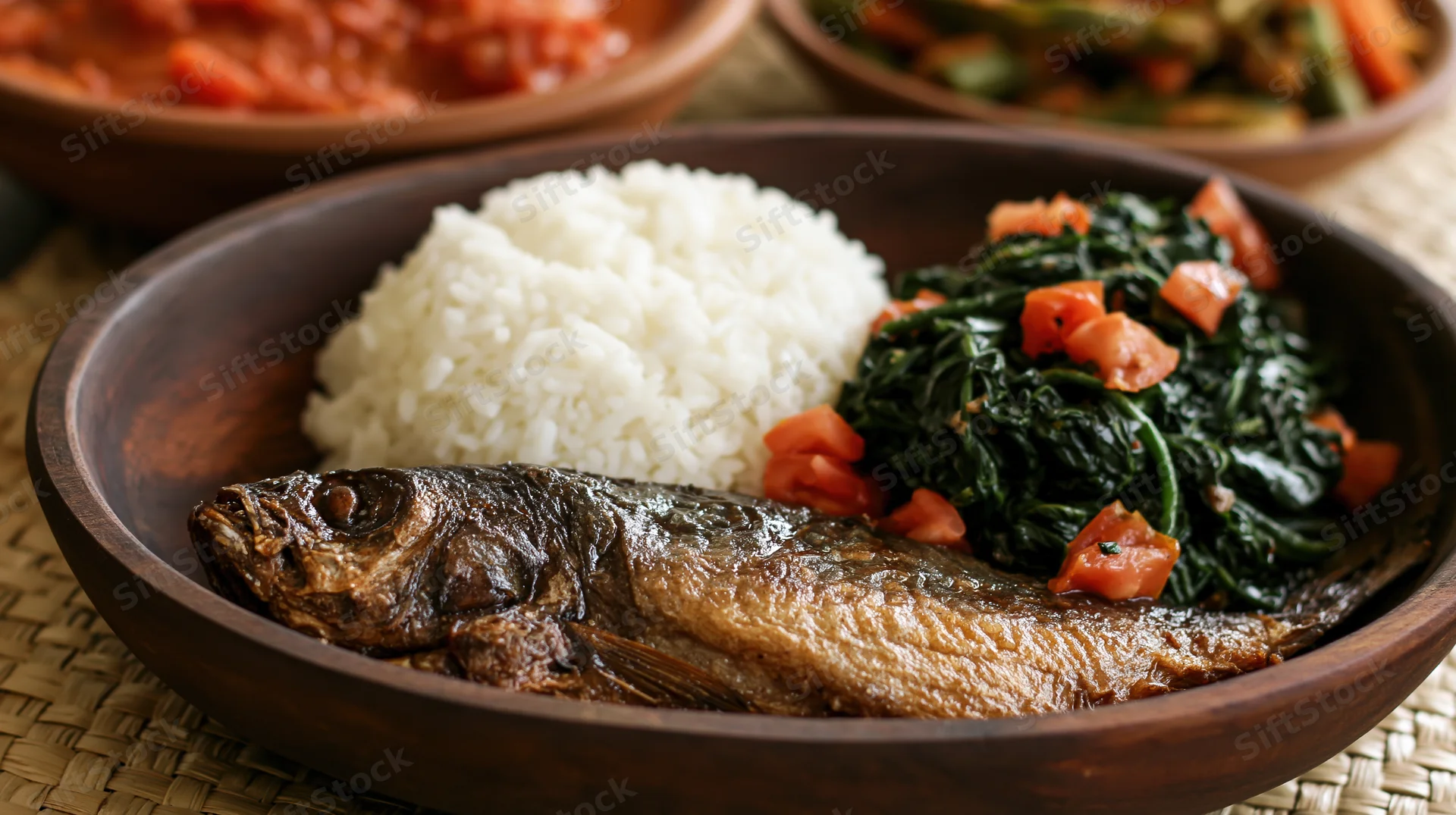 Whole fried fish served with white rice and spinach in a wooden bowl on a woven placemat