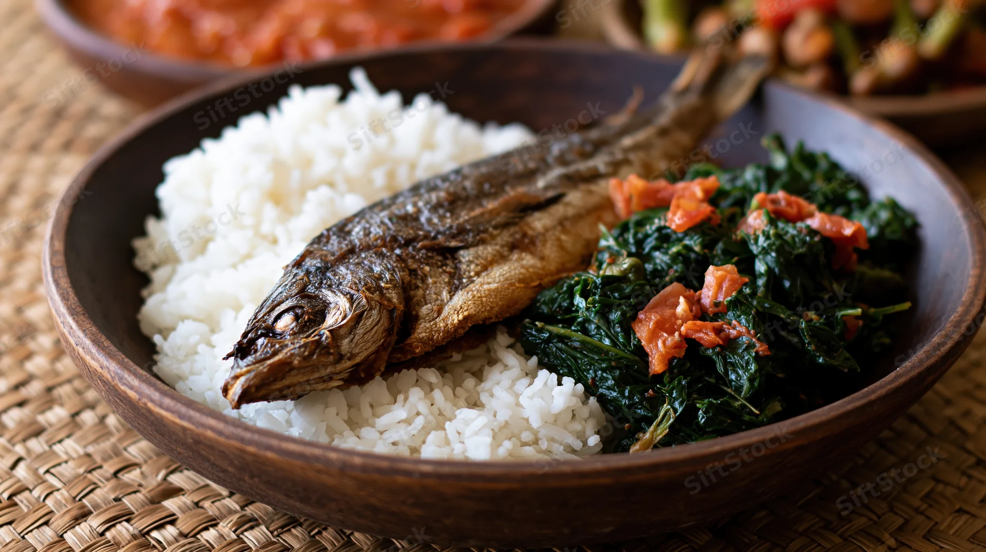 Whole fried fish served on a bed of white rice with spinach and tomato in a wooden bowl on a woven placemat