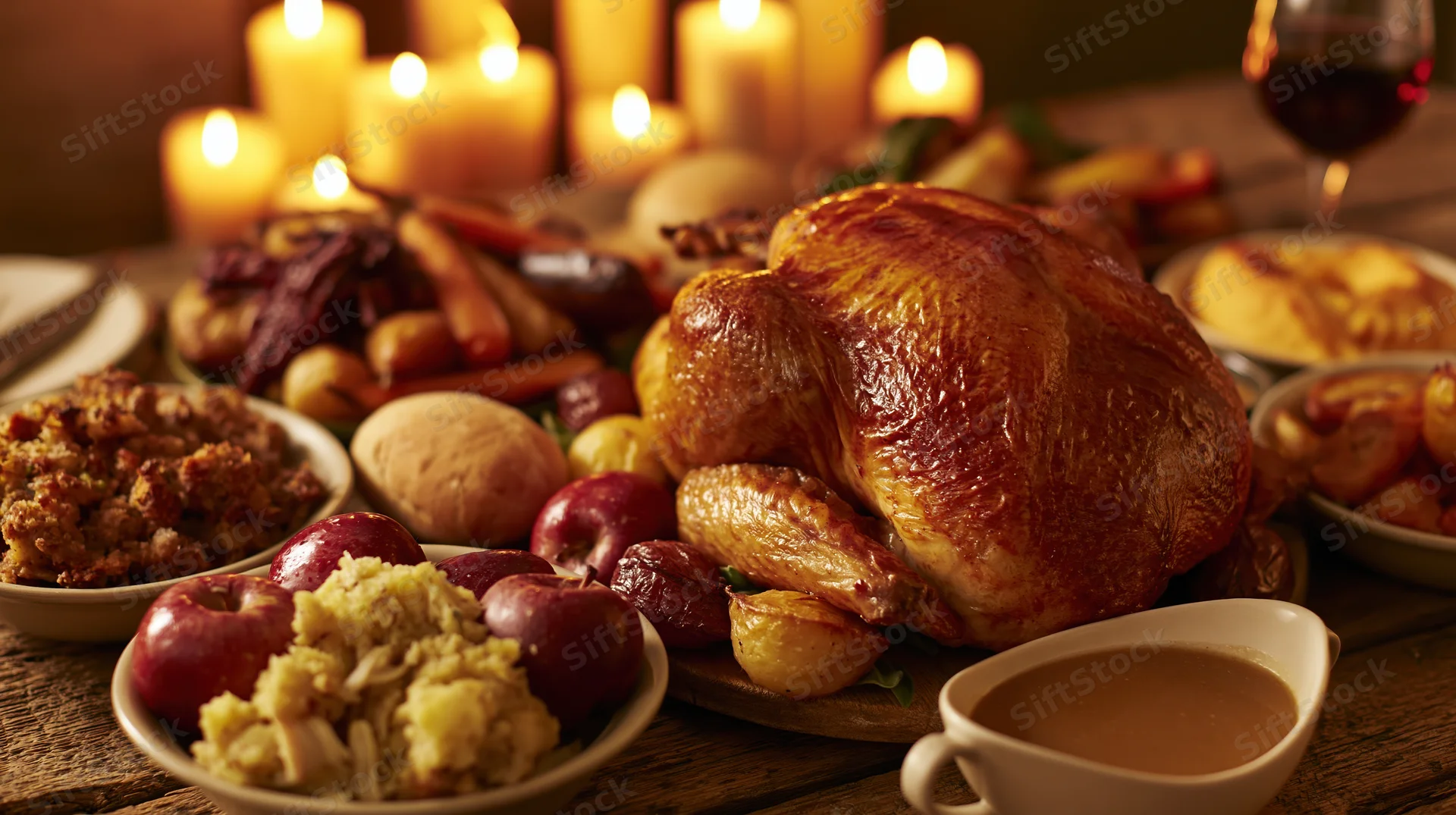 Roasted turkey as centerpiece surrounded by holiday dishes on a wooden table with candles