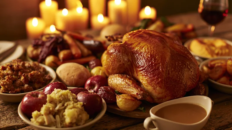 Roasted turkey as centerpiece surrounded by holiday dishes on a wooden table with candles
