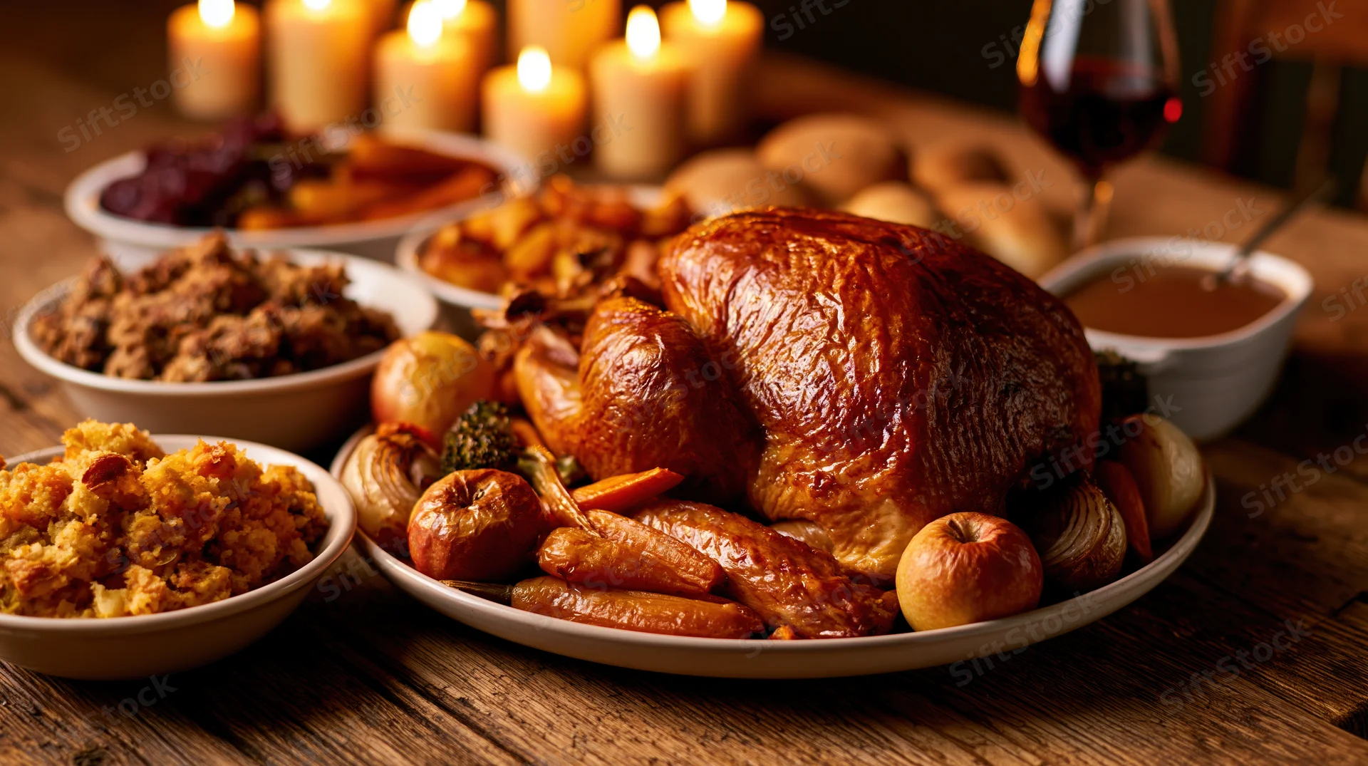 Roasted turkey as centerpiece surrounded by holiday side dishes on a wooden table with candles and wine