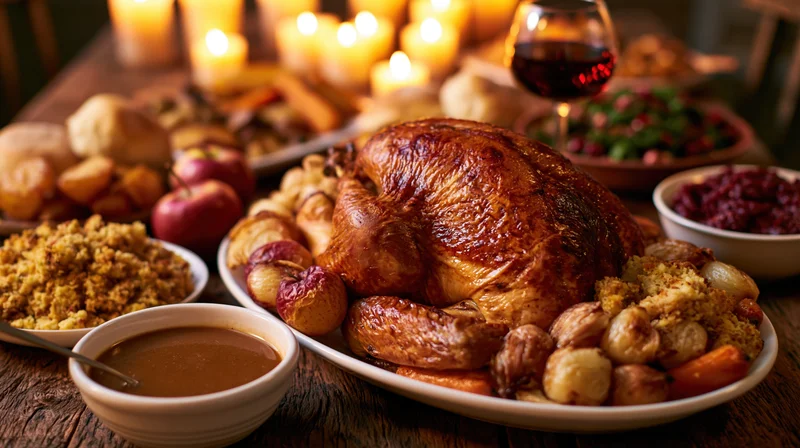 Roasted turkey as centerpiece surrounded by holiday dishes on a wooden table with candles and wine