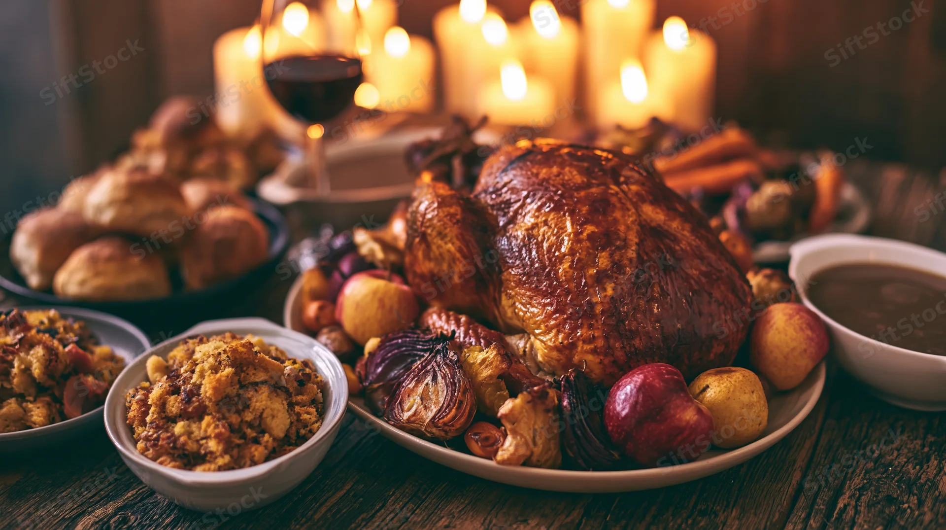 Roasted turkey as centerpiece surrounded by stuffing, gravy, vegetables and bread on a wooden table with candles and wine