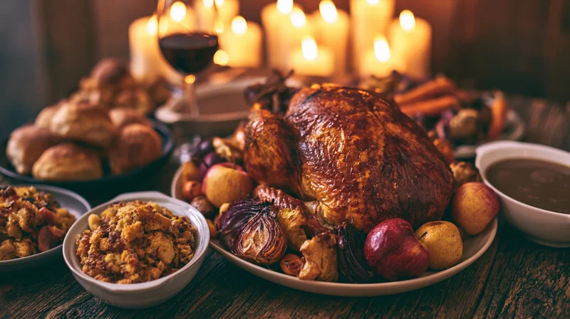 Roasted turkey as centerpiece surrounded by stuffing, gravy, vegetables and bread on a wooden table with candles and wine