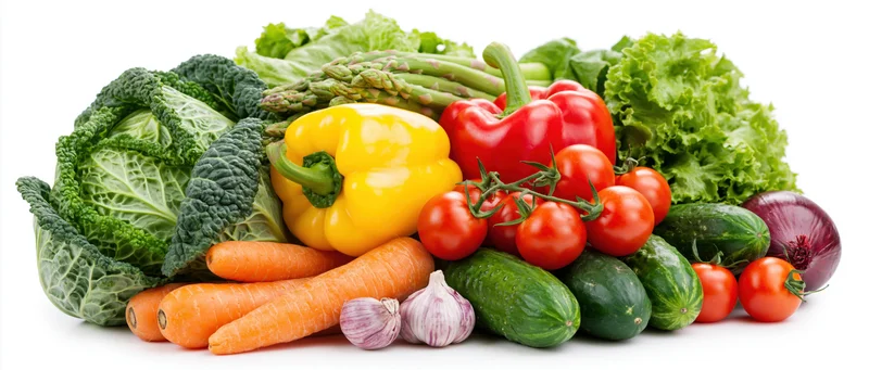 Fresh raw vegetables arranged in a horizontal pile on white background