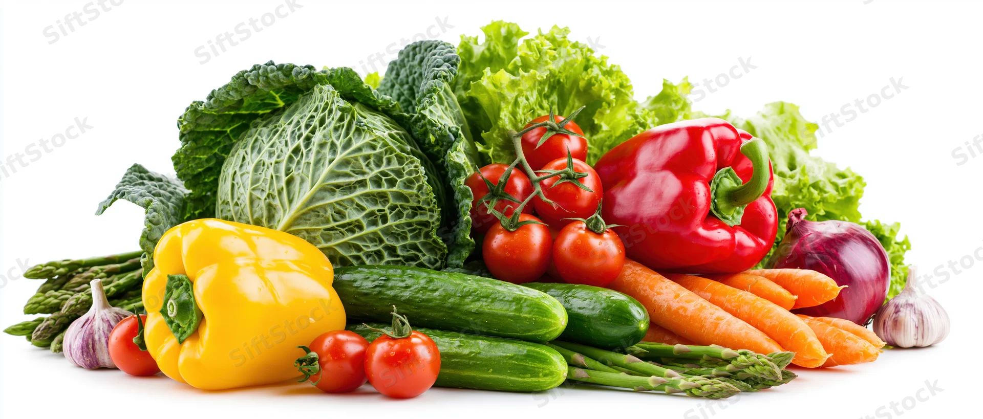 Fresh raw vegetables arranged in a horizontal pile on white background