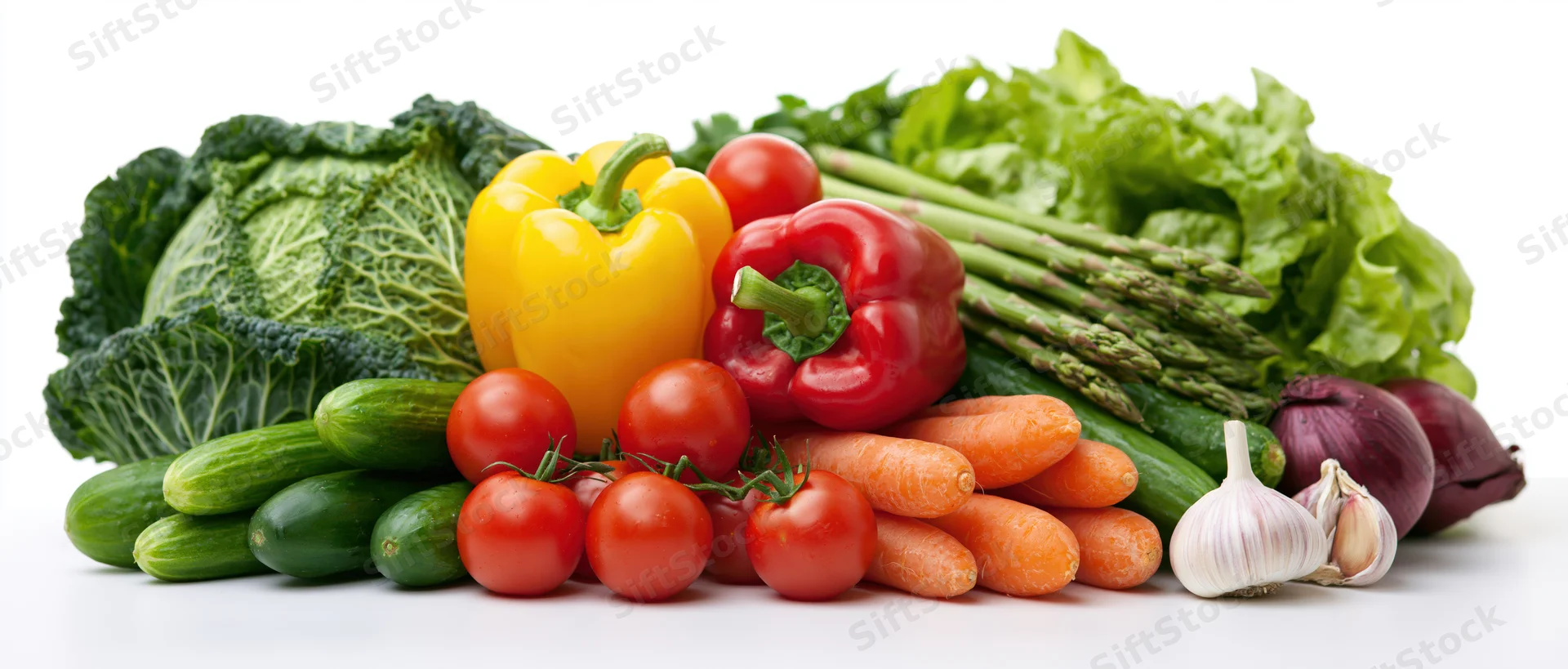 Fresh raw vegetables arranged in a horizontal display on white background