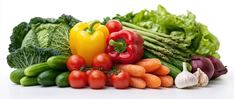 Fresh raw vegetables arranged in a horizontal display on white background
