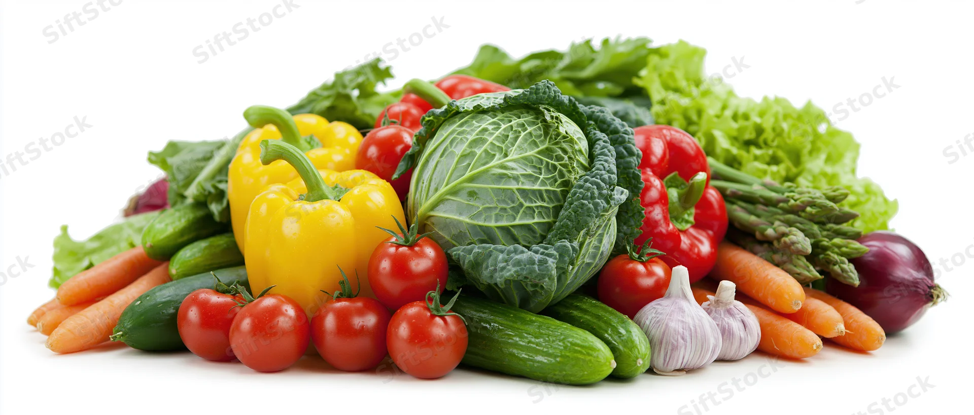 Fresh raw vegetables arranged in a pile on white background