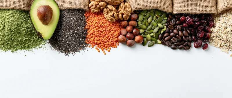 A row of superfoods and whole ingredients arranged in burlap sacks on white background with copyspace below