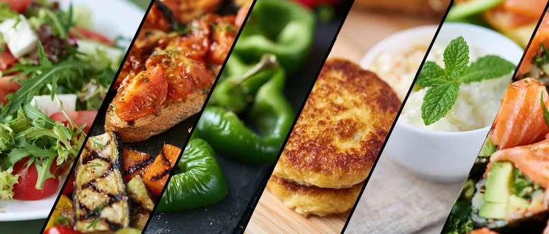 Panoramic collage of seven diagonal food panels showing salad, bruschetta, peppers, fried patty, rice, and sushi