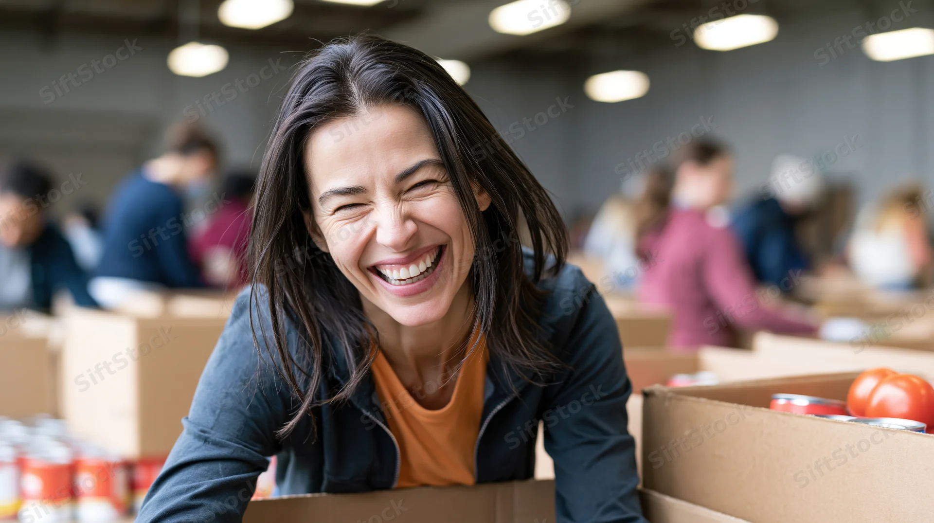 Woman laughing while sorting canned food in a warehouse with other volunteers