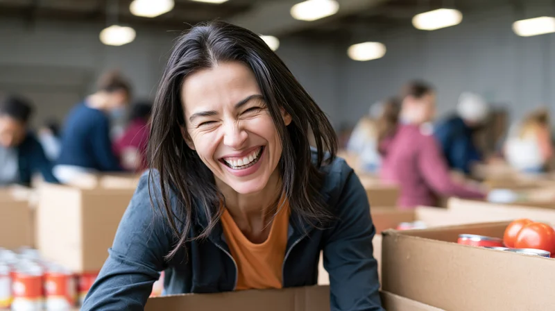 Woman laughing while sorting canned food in a warehouse with other volunteers