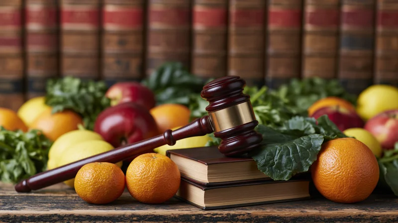 Wooden gavel resting on stacked law books surrounded by fresh fruits and green leaves on a rustic wooden surface