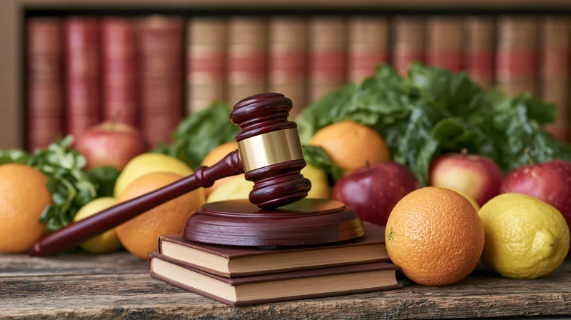 Wooden judge's gavel resting on stacked books surrounded by fresh fruit on a wooden table with bookshelf in background