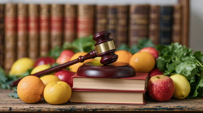 Wooden judge's gavel resting on stacked hardcover books surrounded by fresh fruit and herbs on a rustic table