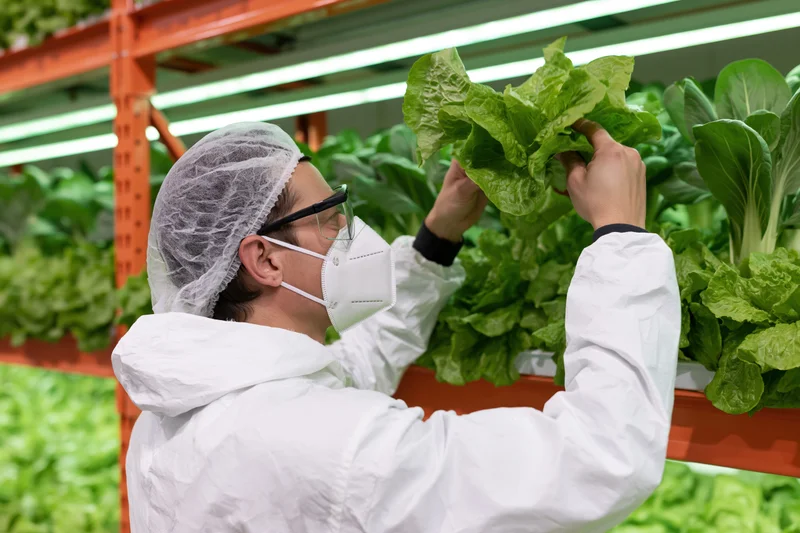 Worker inspecting lettuce in a vertical hydroponic farm