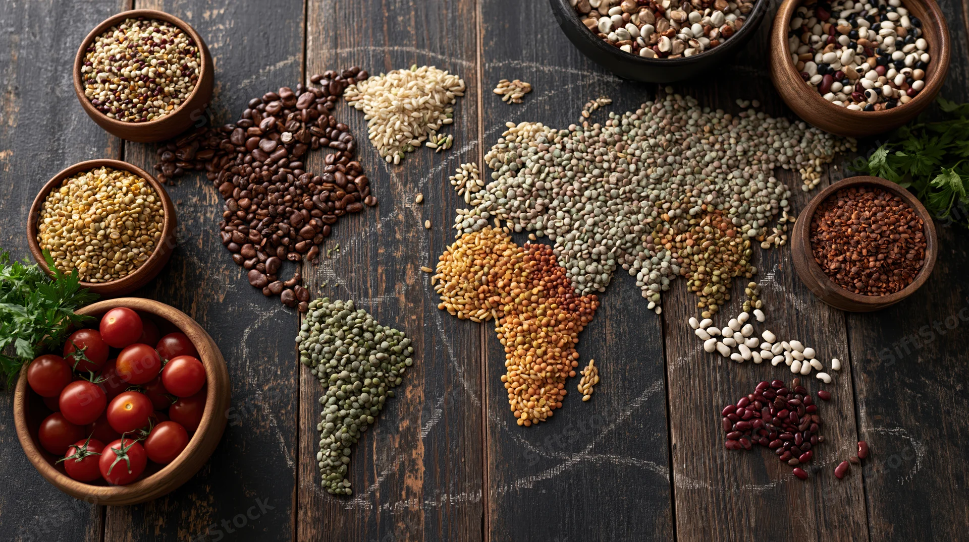 World map made from assorted grains and legumes arranged on dark wooden surface with bowls of produce around