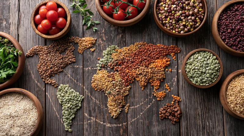 World map formed from assorted grains and legumes on dark wooden surface surrounded by bowls of vegetables and herbs