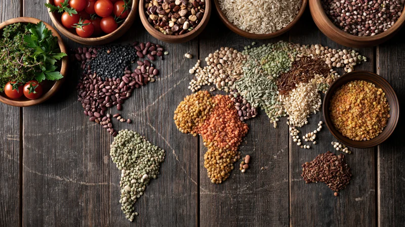 World map formed from assorted grains and legumes arranged on dark wooden table