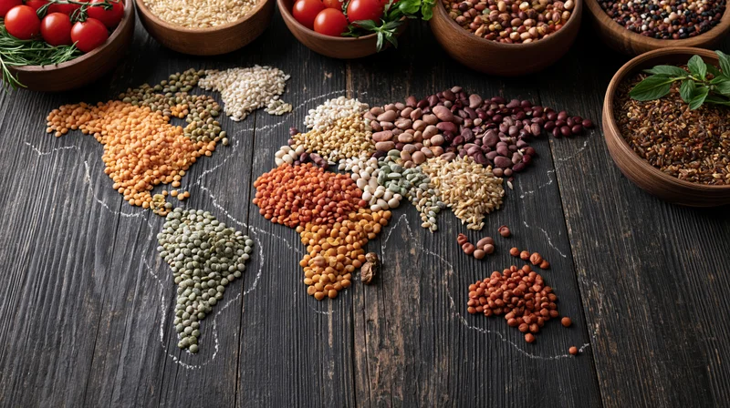 World map made from assorted grains and lentils arranged on dark wooden table with bowls of vegetables and herbs around